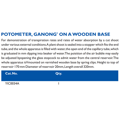 Size chart – Potometer, Ganong On A Wooden Base