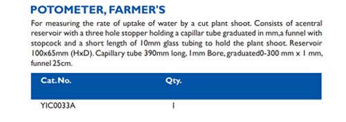 Size chart – Potometer, Farmers