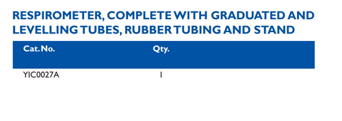 Size chart – Respirometer, Complete With Graduated And Levelling Tubes, Rubber Tubing And Stand