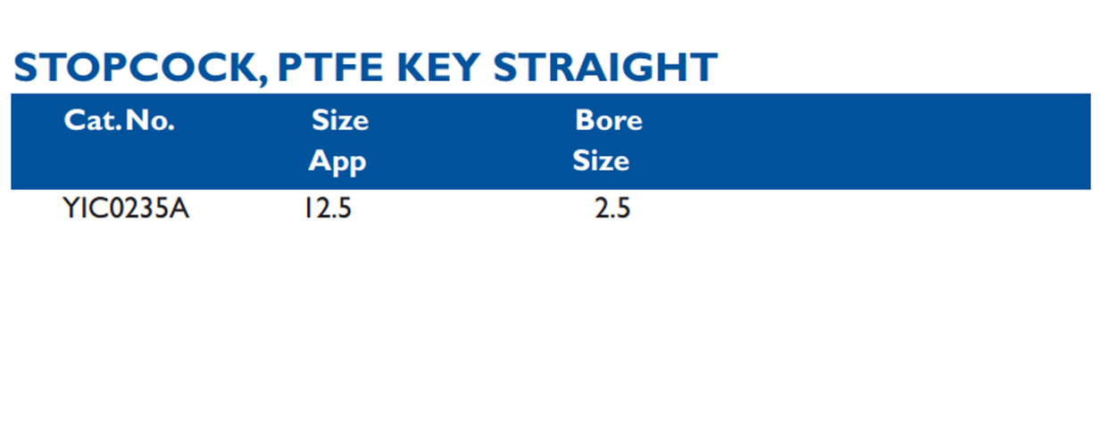 Size chart – Stopcock, Ptfe Key Straight