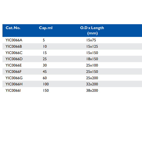 Size chart – Flat Bottom Culture Media Tubes