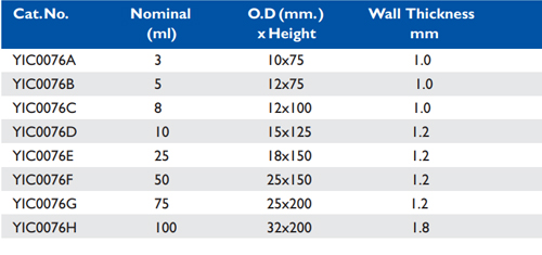Size chart – Test Tubes (round Bottom Without Rim)