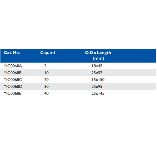 Size chart – Tubes, (culture, Media) Amber Glass