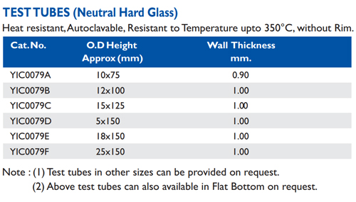 Size chart – Test Tubes (neutral Hard Glass)