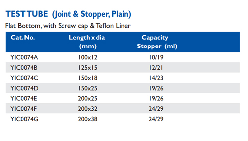 Size chart – Test Tube (joint & Stopper, Plain)