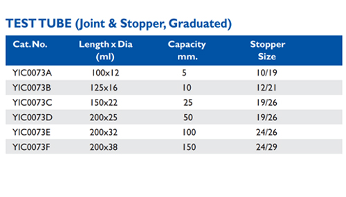 Size chart – Test Tube (joint & Stopper, Graduated)